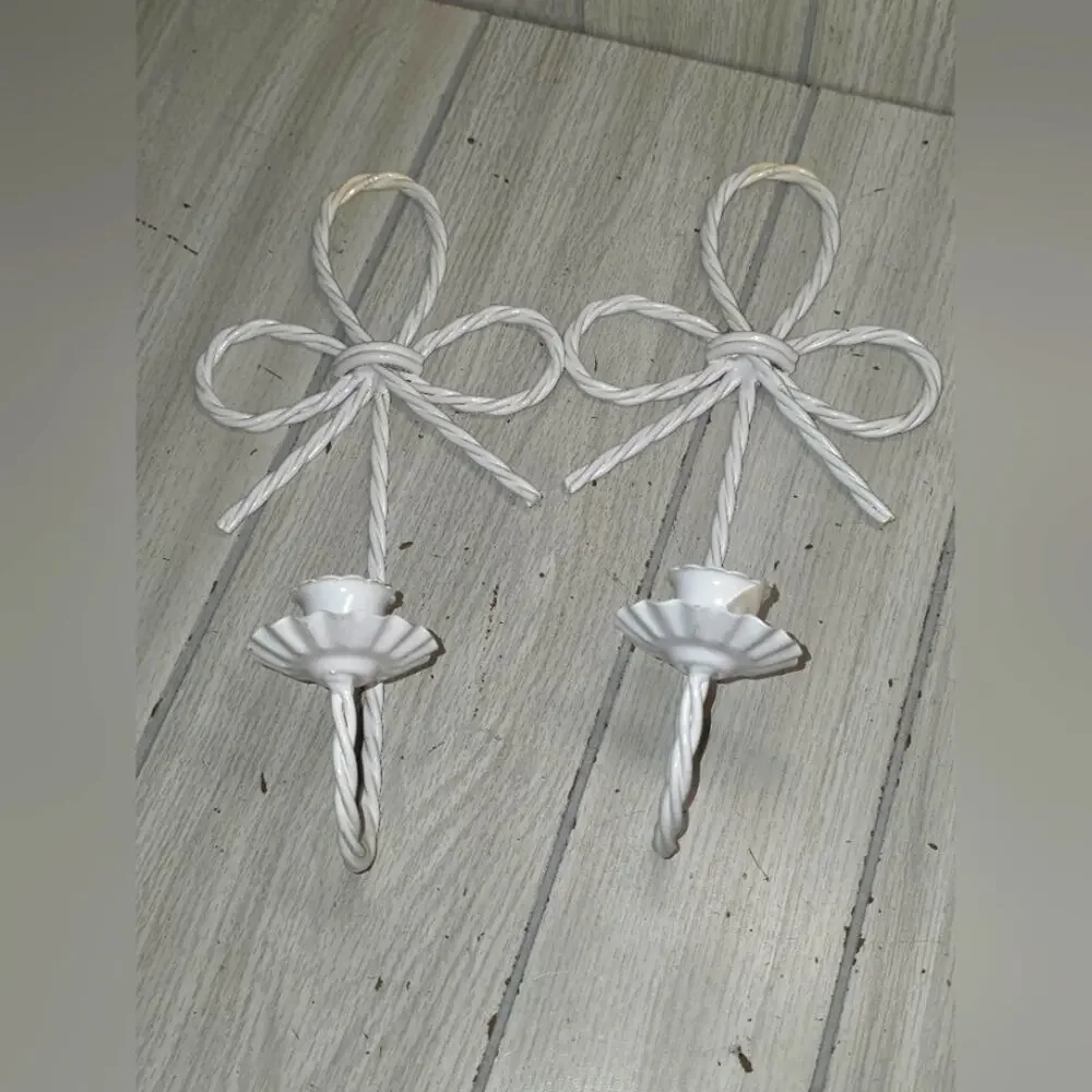 Vtg White Twisted Metal Bow Wall Sconces French Country Candle Holders Farmhouse